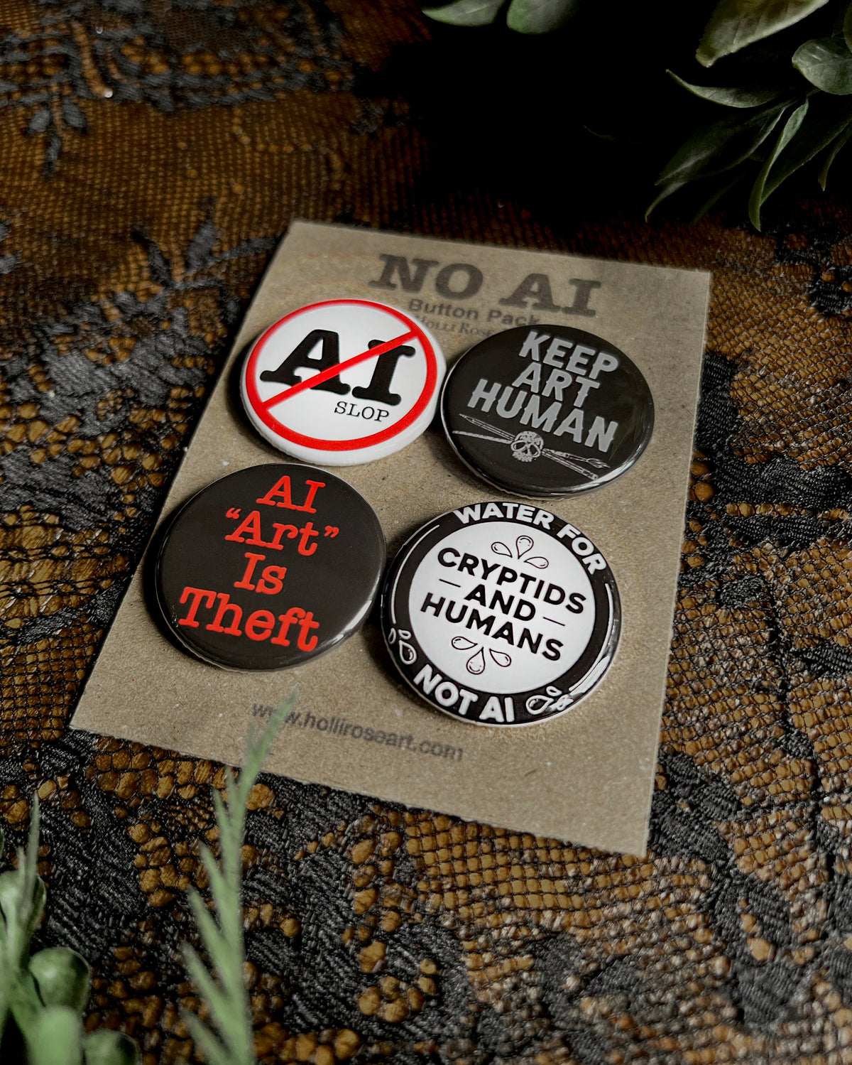 a button pack with 4 buttons that are against AI