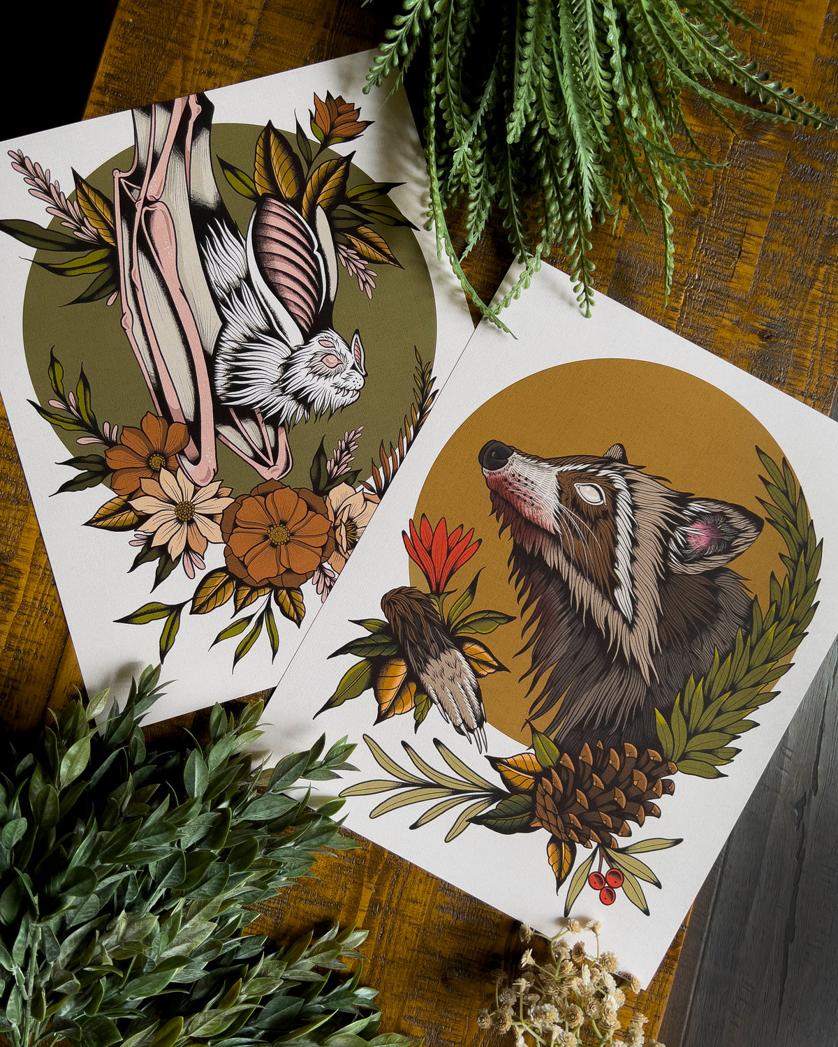 a print with a blind raccoon and a print with a white bat