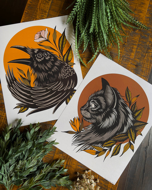 a print with a blind grey and black cat