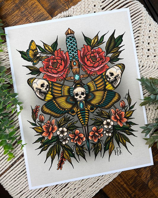 death moth sitting on a dagger with leaves and flowers art print