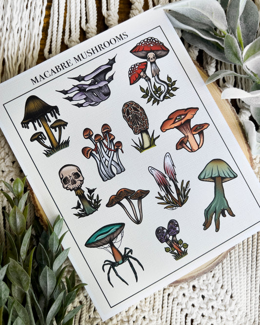 an art print with different types of spooky mushrooms