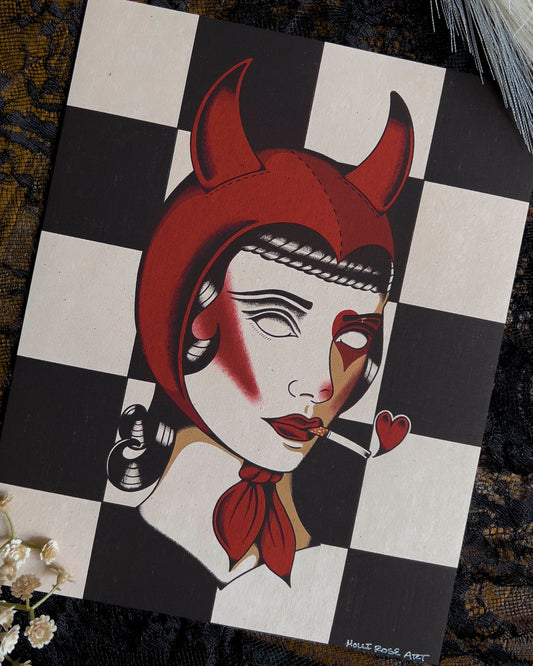 an art print with a girl wearing devil horns costume with a cigarette in her mouth and a heart coming out of the end of it