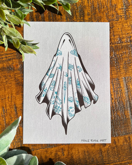 An art print with a ghost covered in tattoos, on a grey background