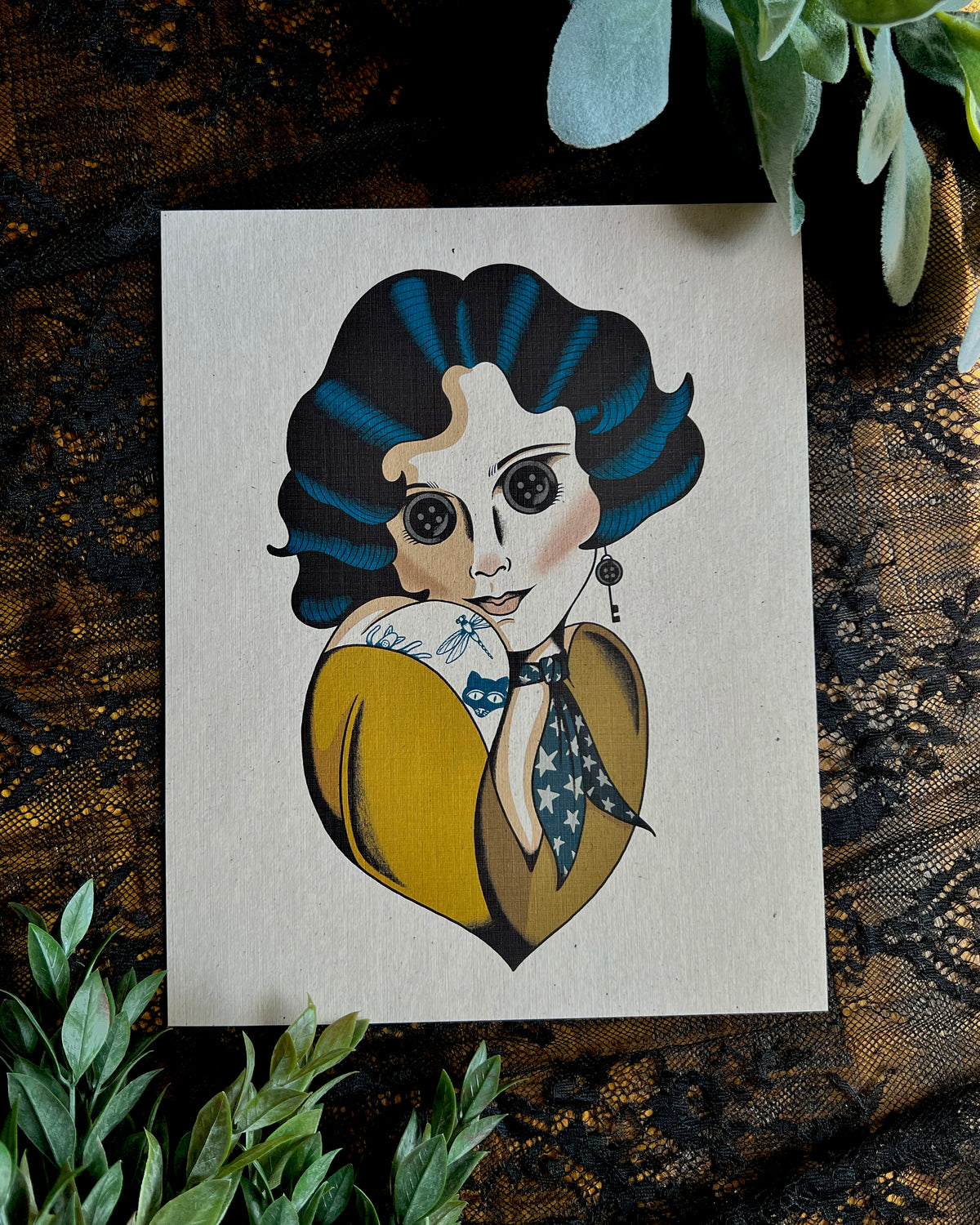 a drawing of a girl with blue hair and black button eyes