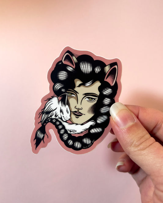 Sticker of a woman with cat ears and a tiger on a pink background