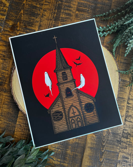 art print of a haunted church with a red moon behind it