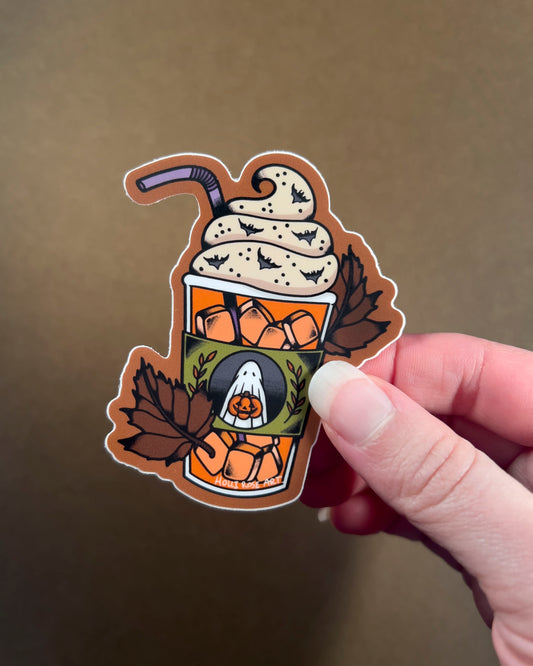 sticker of an iced pumpkin spice latte and leaves