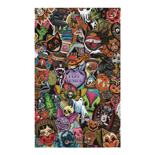 Colorful collage of Halloween-themed illustrations on a white background