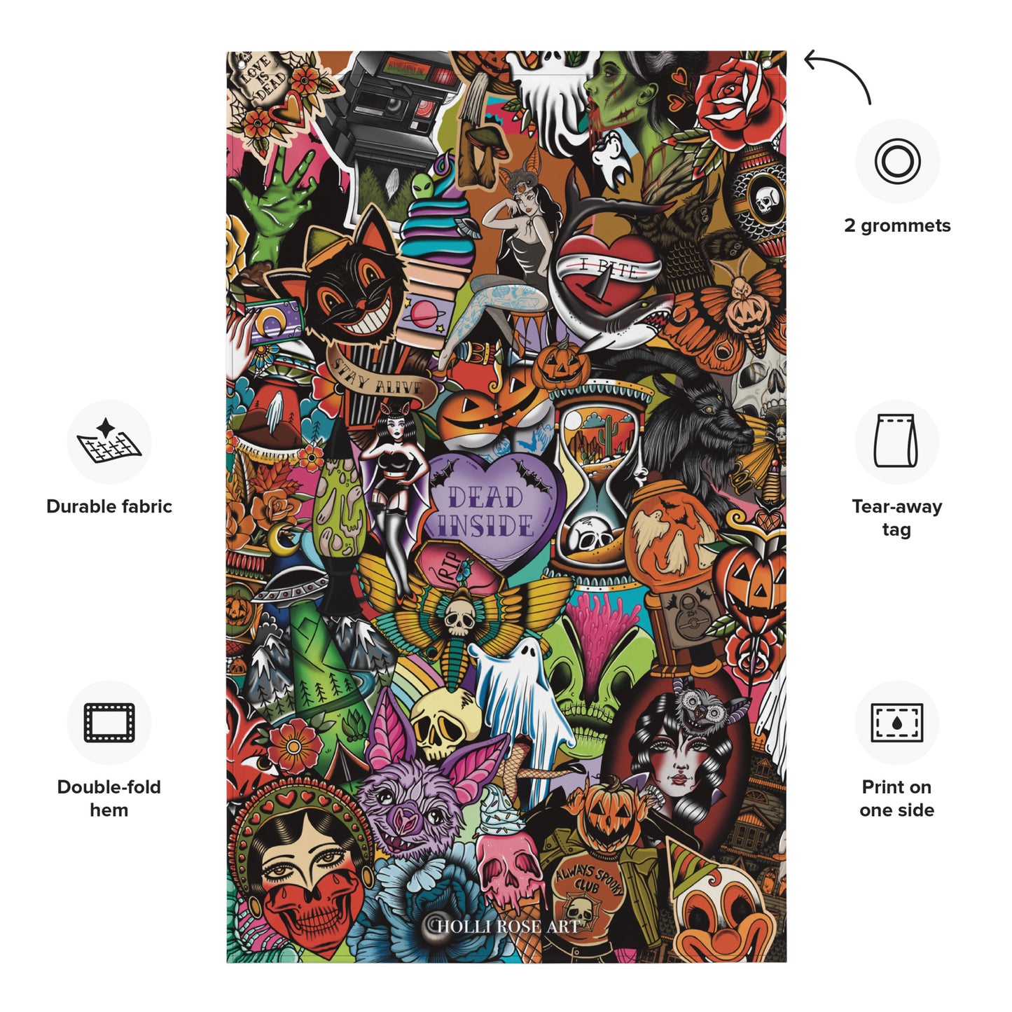 Colorful fabric panel with Halloween-themed designs and product features listed.