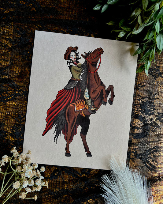 an art print of a cowgirl vampire riding her horse
