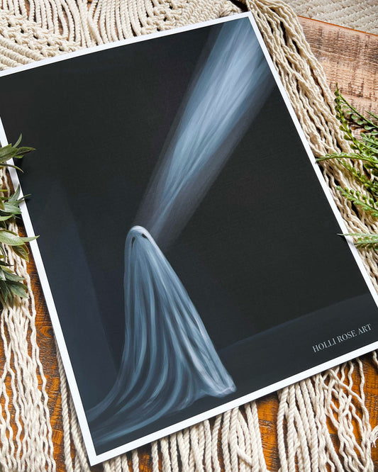 a print of a ghost looking towards the light with a dark background