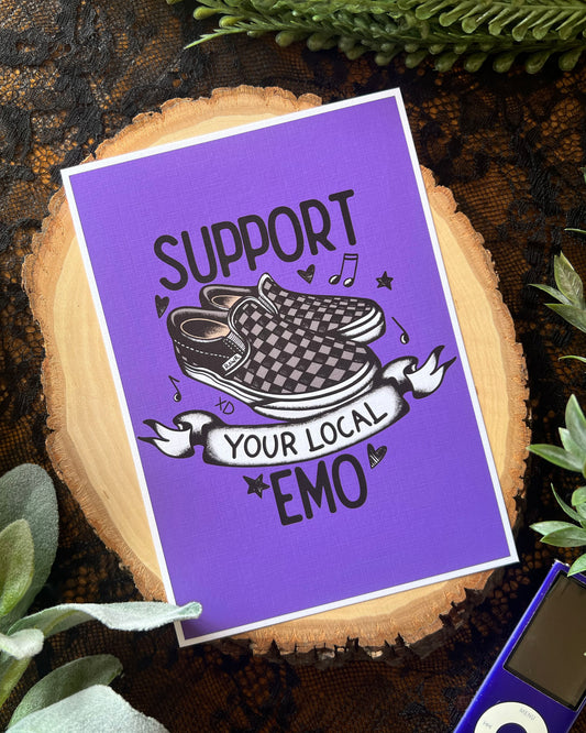 art print that says support your local emo with a pair of checkered shoes and purple background