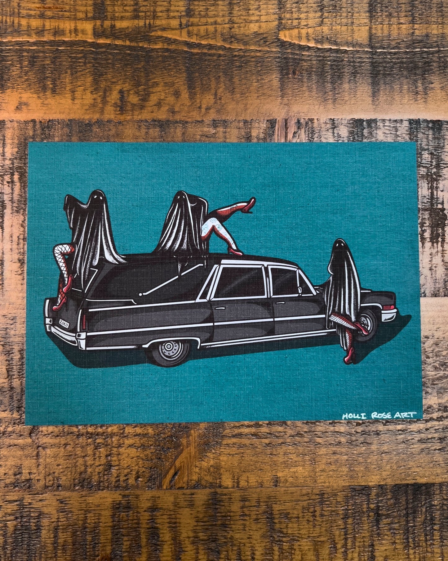 hearse with 3 pinup ghosts art print