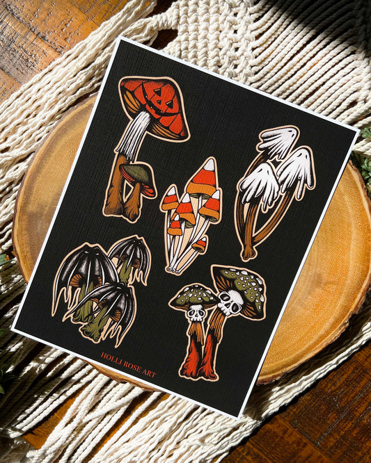 5 halloween themed mushrooms print