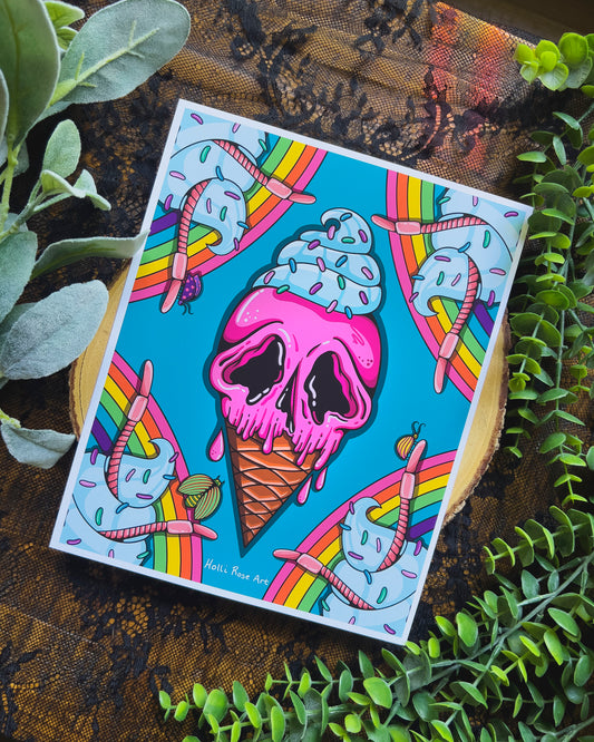 pink skull ice cream cone with rainbows and worms print