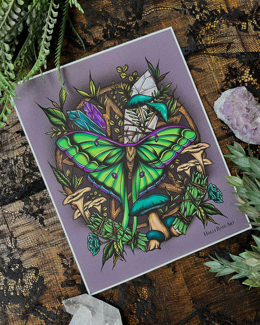 green moth on a purple background with witchy vibes