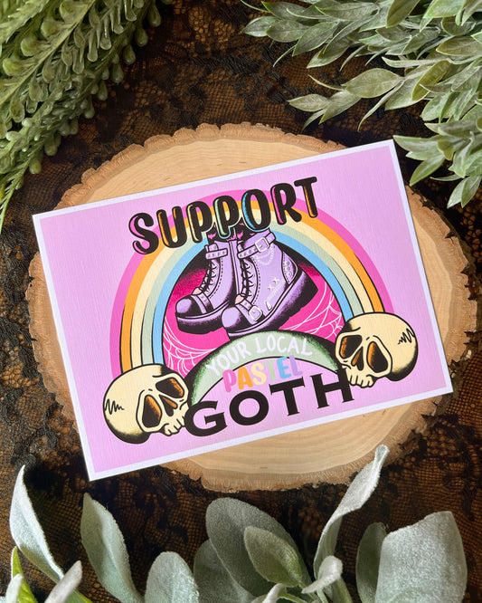 Art print that says support your local goth with purple goth booths and a rainbow and skulls