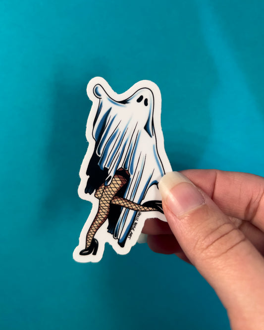 Sticker of a ghost in fishnet stockings on a teal background with flowers and leaves.