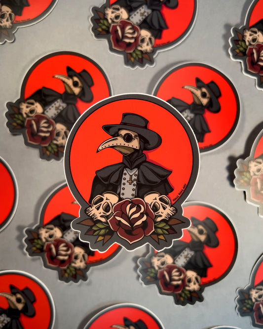plague doctor sticker with a red circle behind it