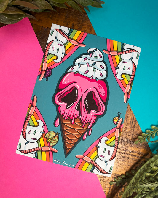 an ice cream cone looking like a skull art print with rainbows in the background