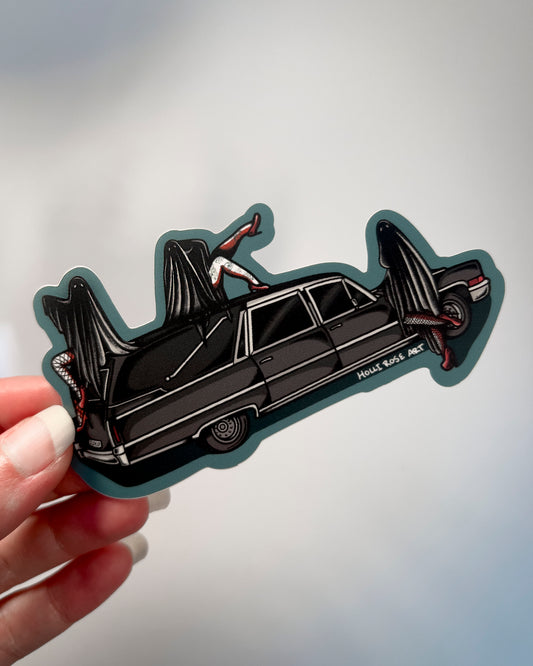 a hearse with 3 sexy ghost girls on it sticker