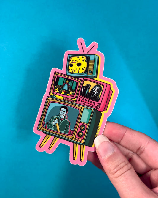 A sticker with tvs stacked and horror characters in pink, blues and yellows