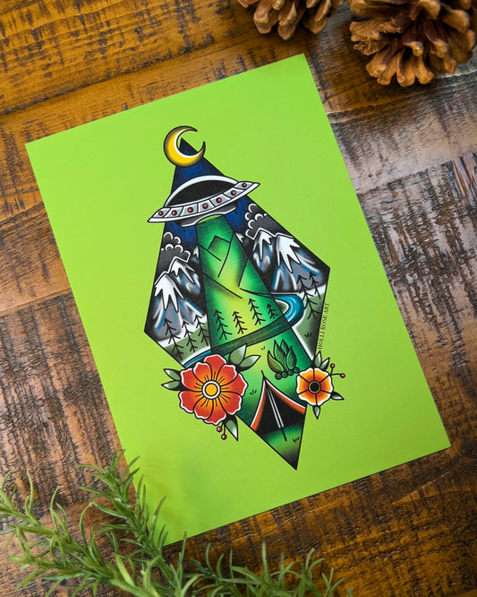 colorful alien abduction drawing with a UFO and a tent, in a tattoo style