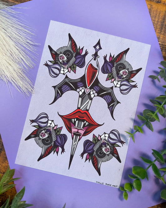 a dagger going through a vampire mouth and bats and garlic on each corner print