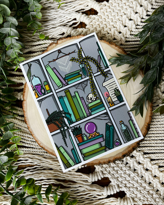 art print of a witch's library book shelf
