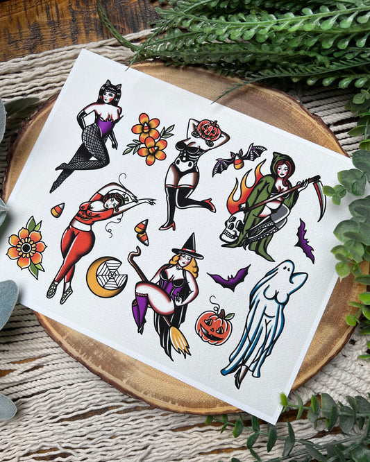 American traditional pinups in halloween costumes