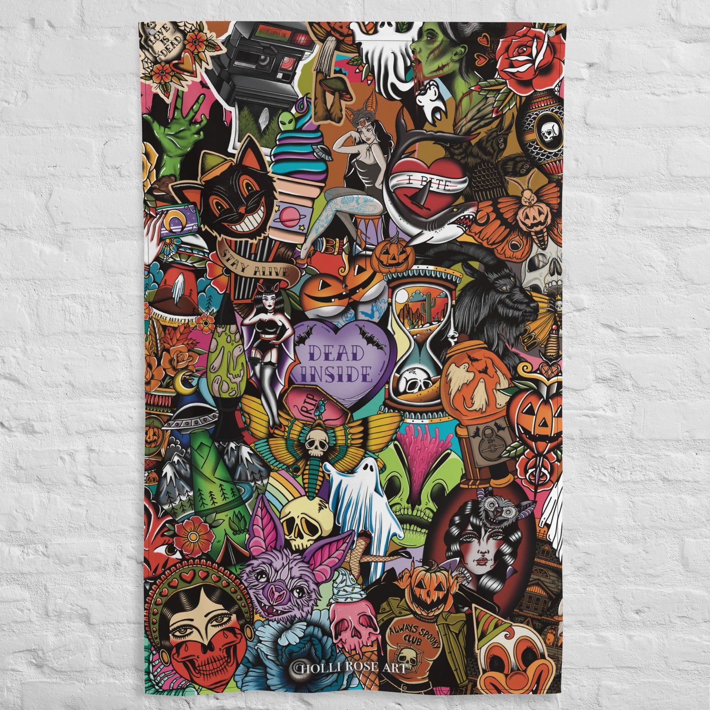 Colorful Halloween-themed collage on a textured wall background