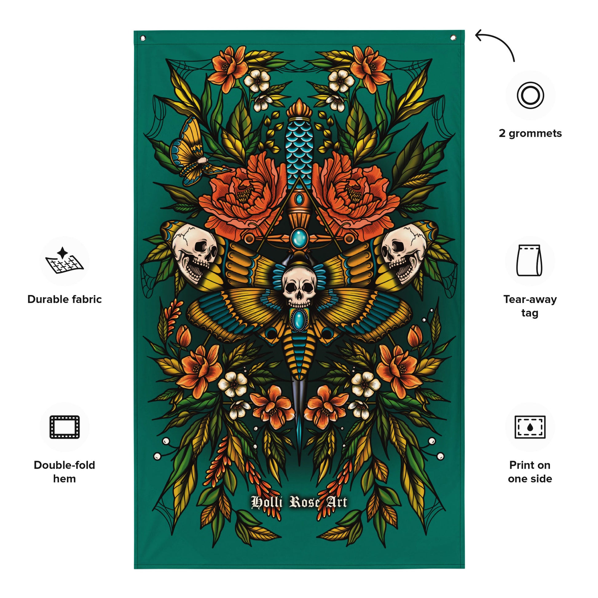 Decorative banner with floral and skull  moth design on a teal background, featuring the brand 'Holli Rose Art'.