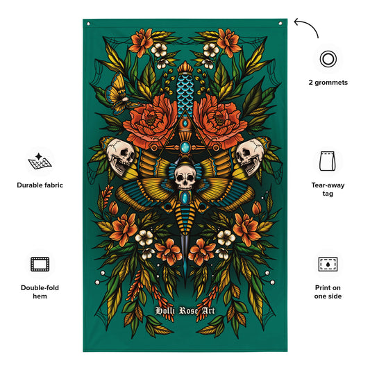 Decorative banner with floral and skull  moth design on a teal background, featuring the brand 'Holli Rose Art'.