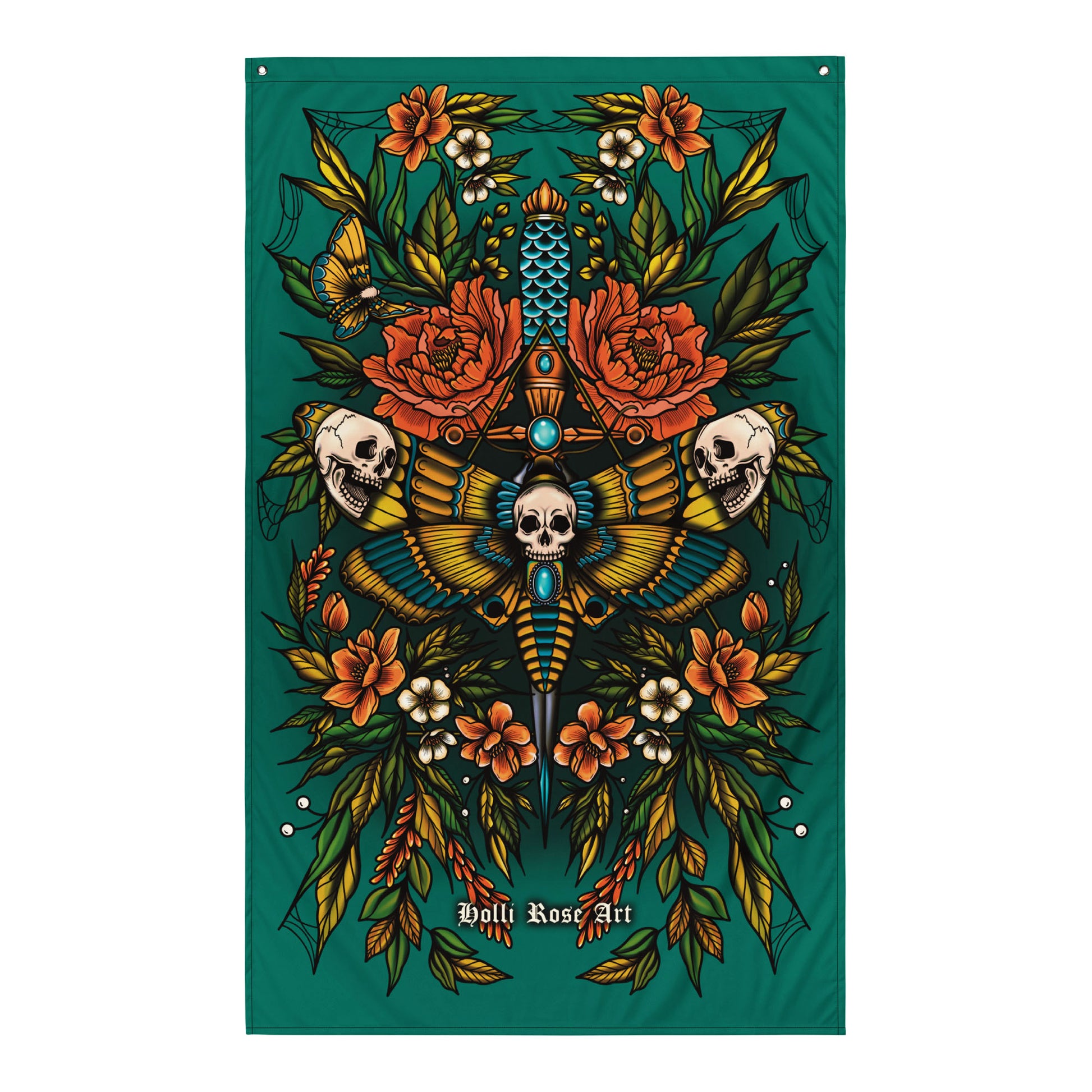 Decorative banner with floral and skull  moth design on a teal background, featuring the brand 'Holli Rose Art'.