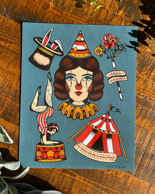 Illustration of a circus-themed character with tattoos and props on a blue background, placed on a wooden surface.