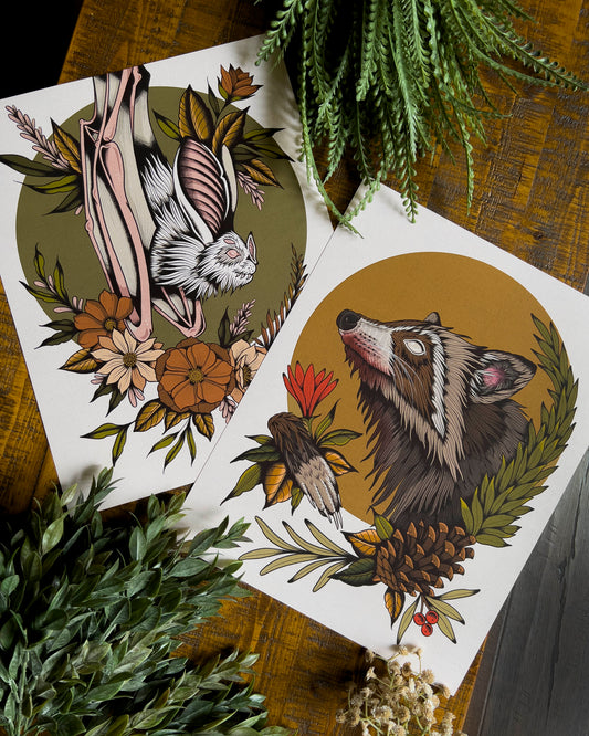 a print with a blind raccoon and a print with a white bat