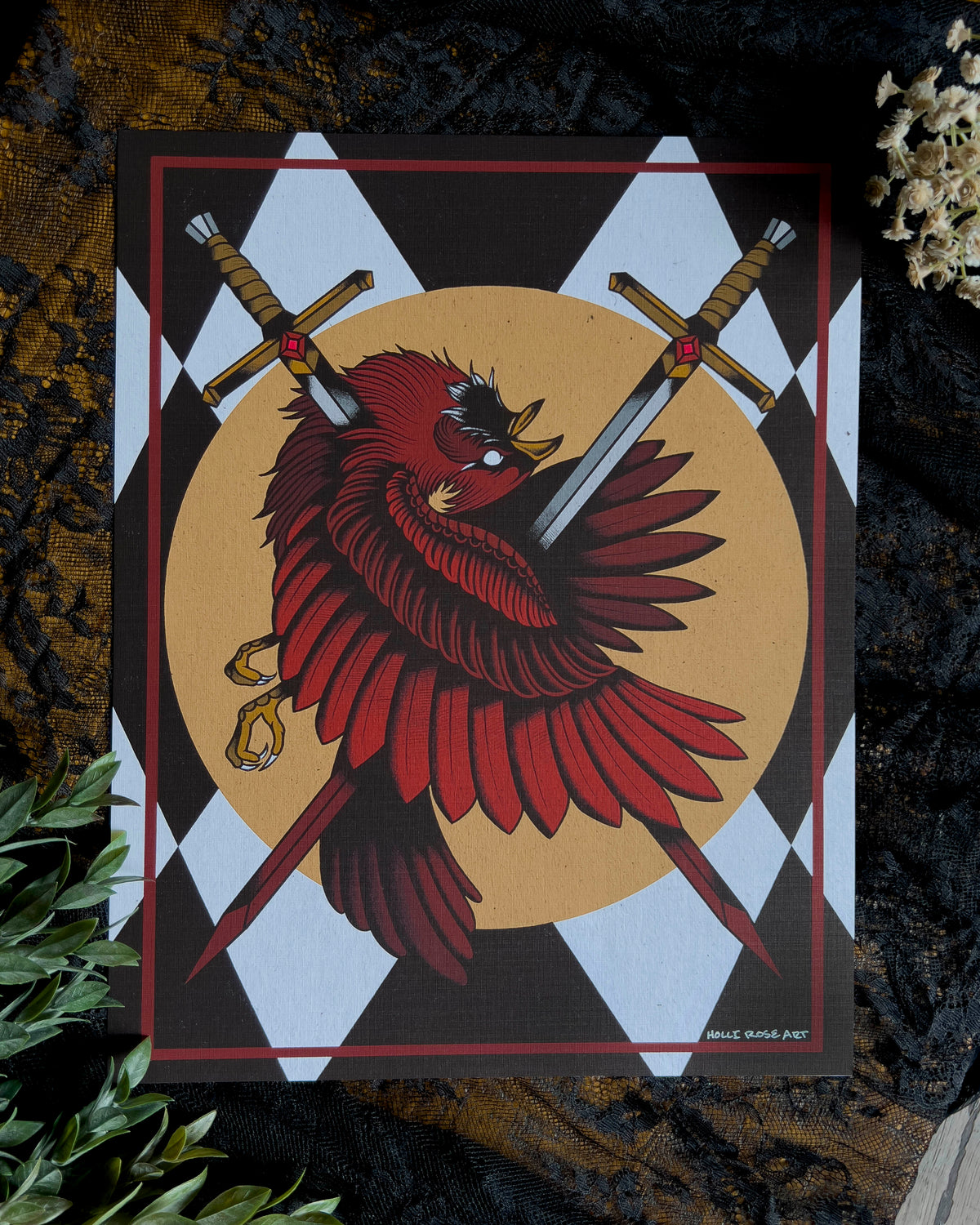 a print with two swords going through a cardinal bird