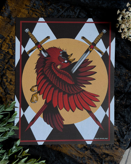 a print with two swords going through a cardinal bird