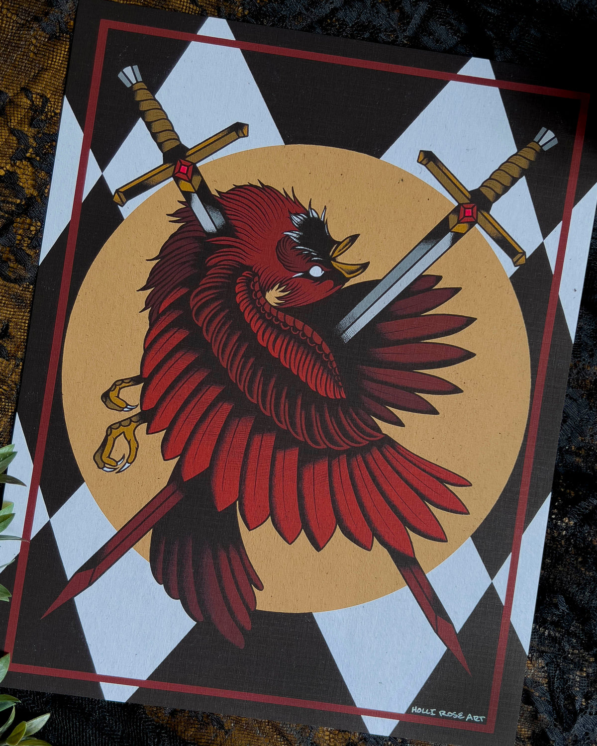 a print with two swords going through a cardinal bird