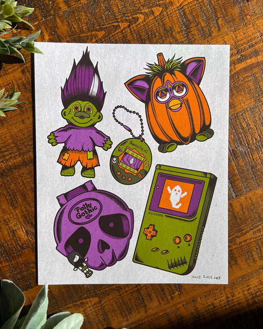 5 colorful Halloween-themed retro toys  on a textured white background