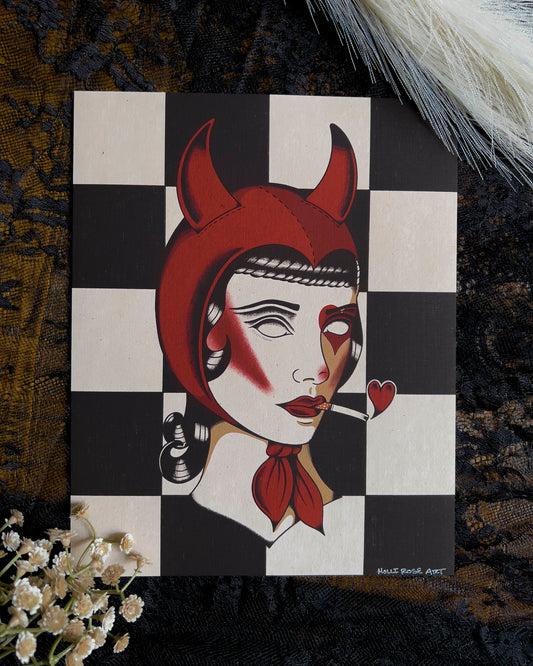 an art print with a girl wearing devil horns costume with a cigarette in her mouth and a heart coming out of the end of it