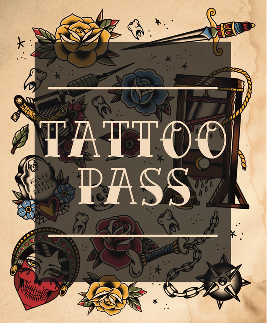 Tattoo-themed design with text 'Tattoo Pass' surrounded by various tattoos on a beige background.