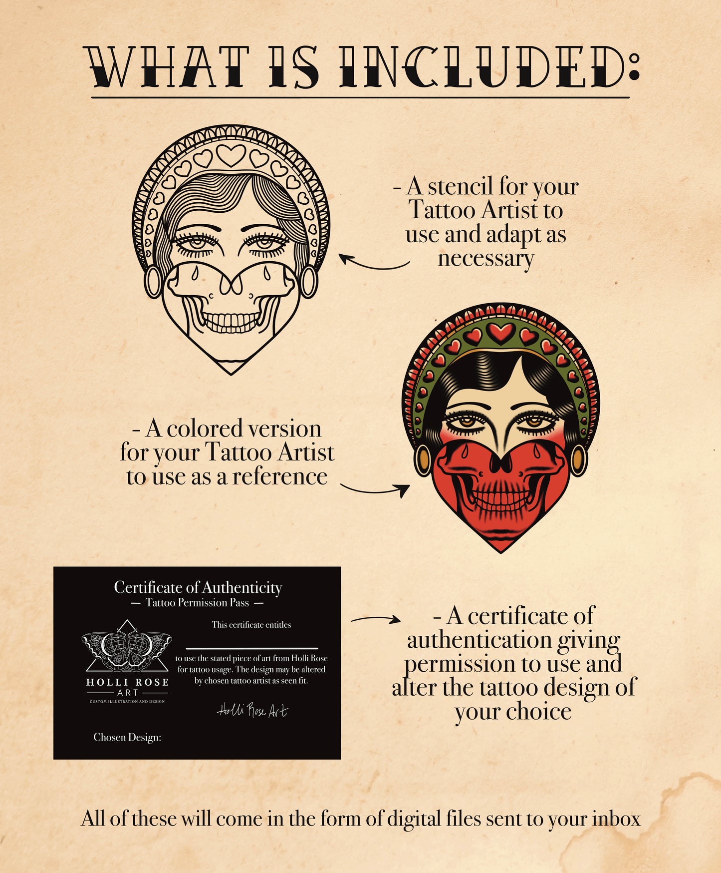 Promotional graphic for tattoo pass  with illustrations and text on a beige background.