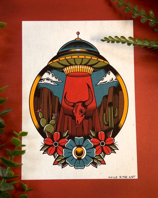 a UFO sucking up a bison skull in the desert art print