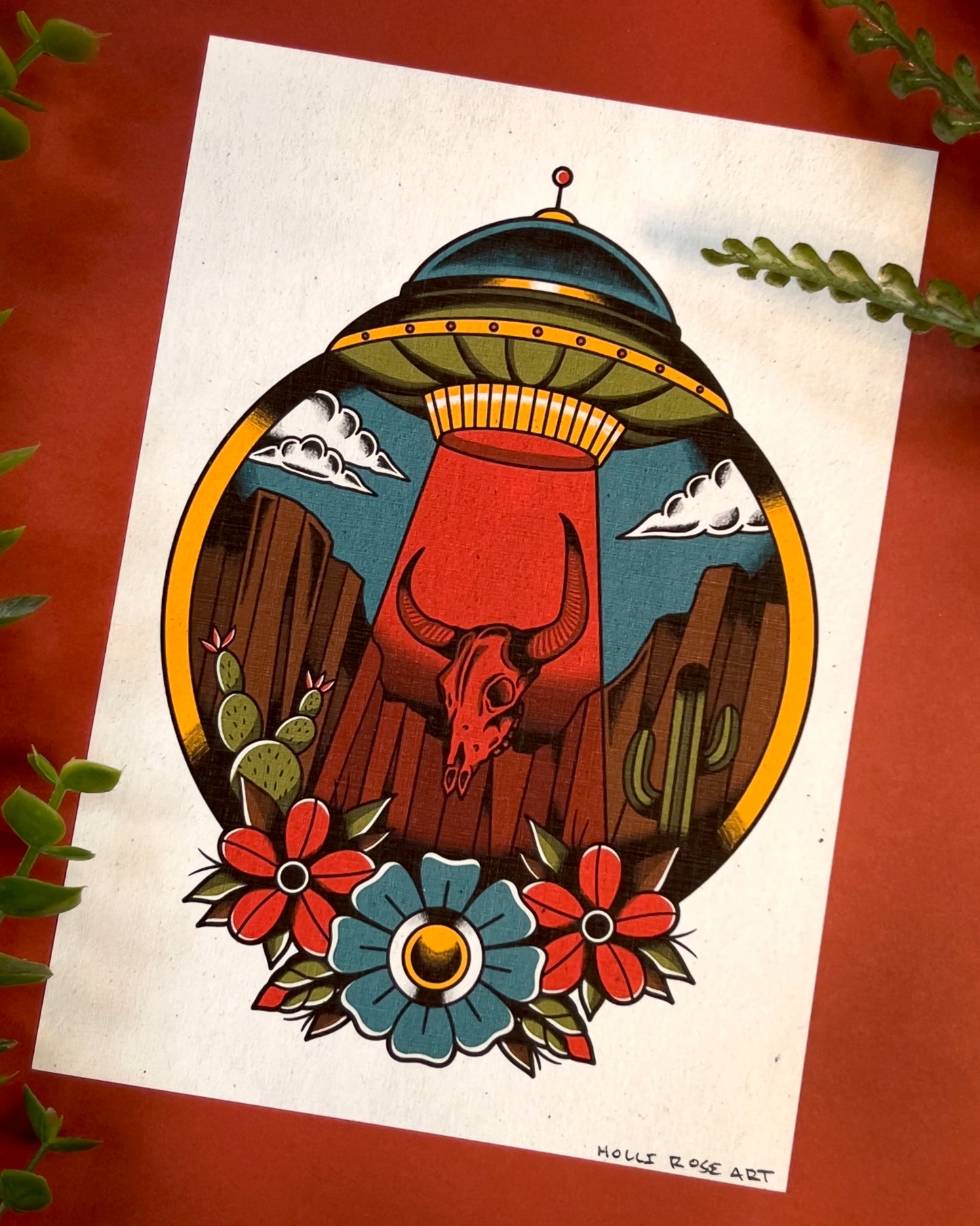a UFO sucking up a bison skull in the desert art print