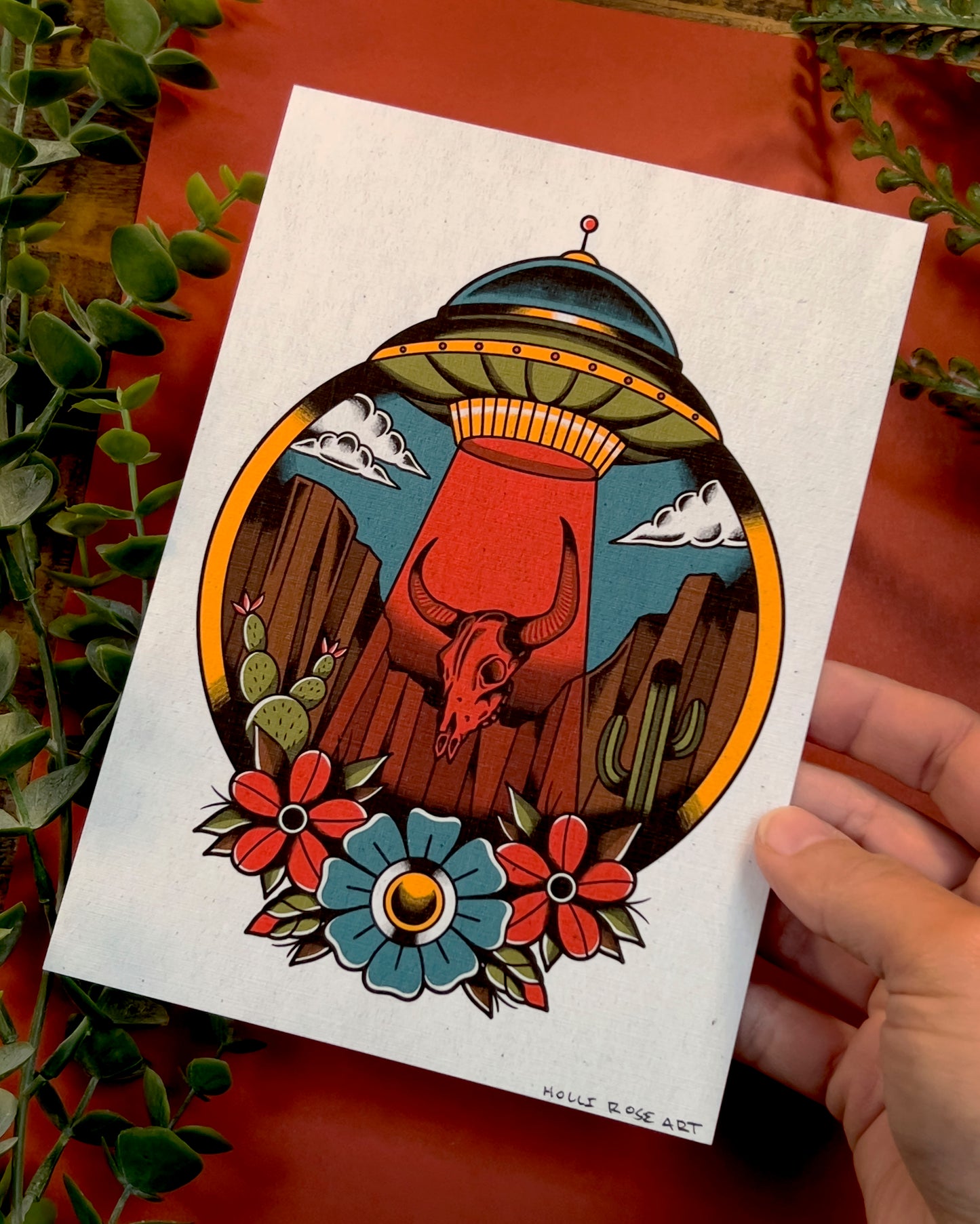 a UFO sucking up a bison skull in the desert art print