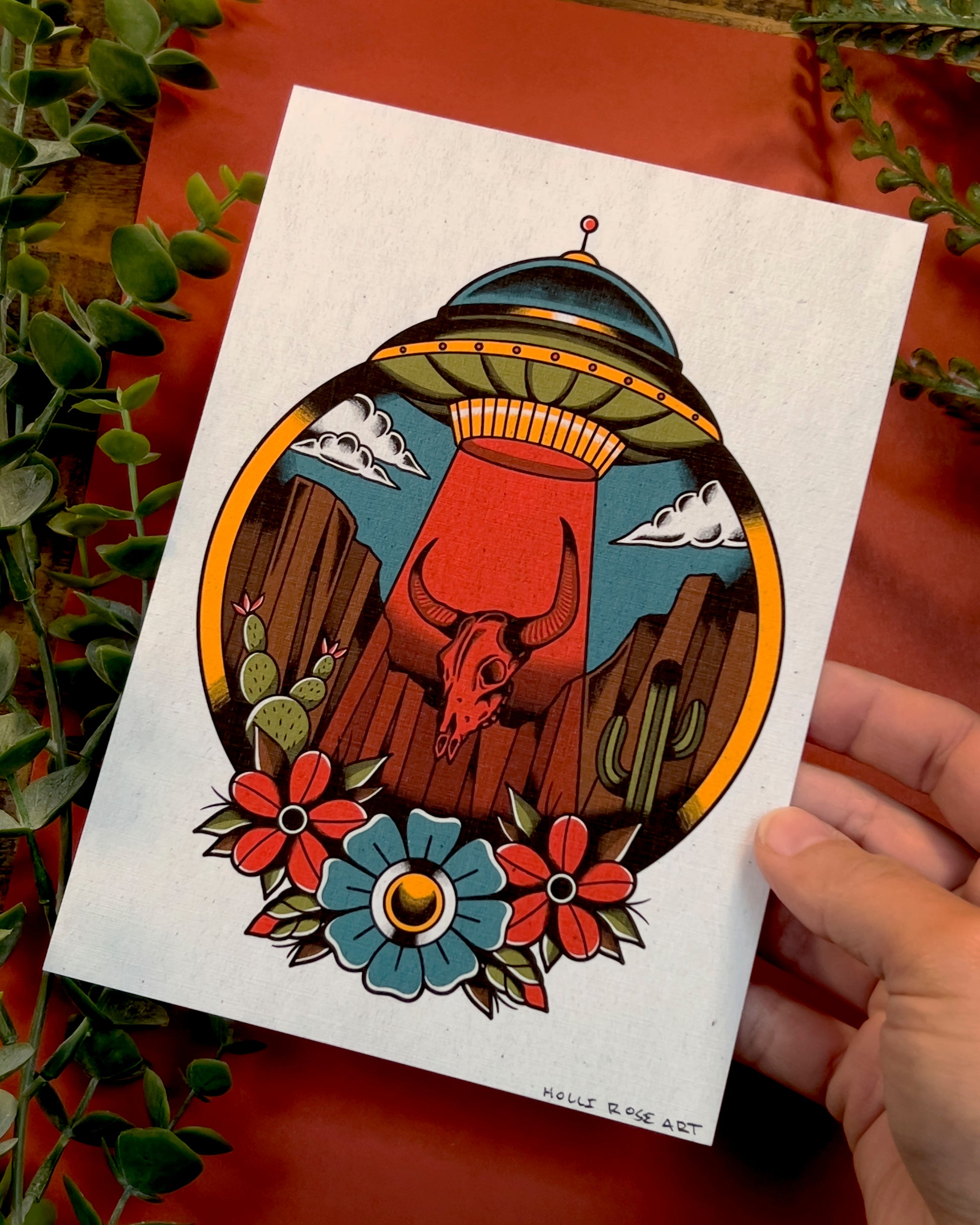 a UFO sucking up a bison skull in the desert art print