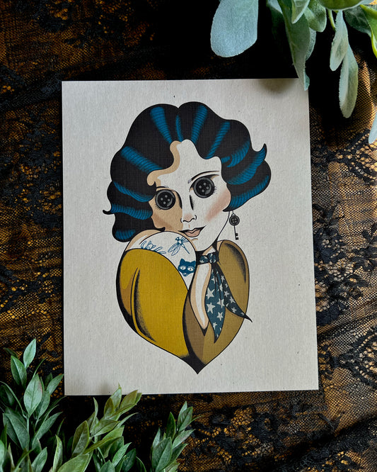 a drawing of a girl with blue hair and black button eyes 