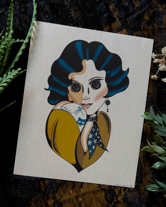 a drawing of a girl with blue hair and black button eyes 