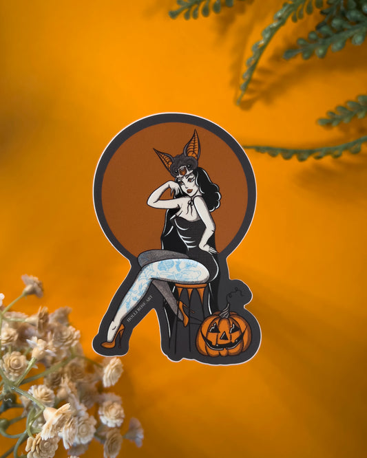 cartoon pinup girl wearing a bat mask on her head